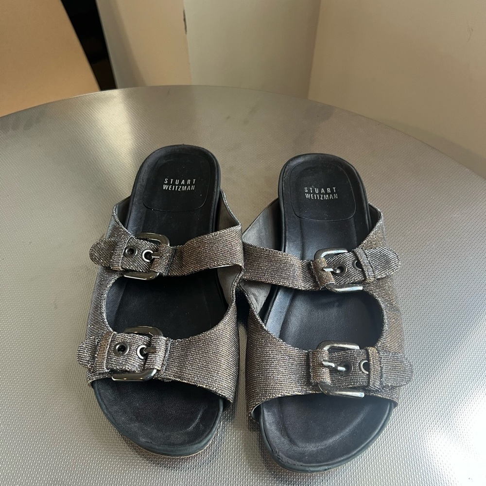 Stuart Weitzman Silver Buckle Slides